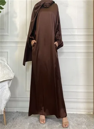 Scarf With Side Pockets Dress Abaya Reddish Brown 