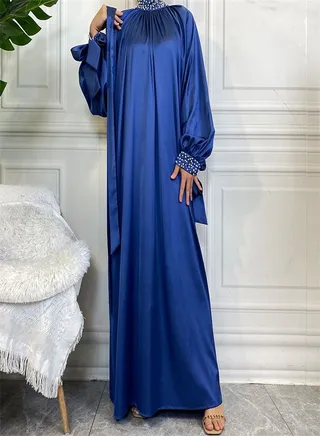 Solid Satin White Pearl Dress Abaya Blue 