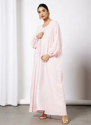 Embossed Print Abaya With Inner Pink 