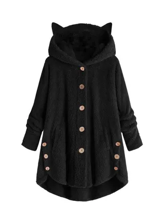 Winter Fleece Cat Ears Hooded Coat Buttons Jacket Black 