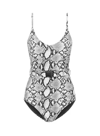 Belted Snakeskin Print Swimsuit Black Pattern 