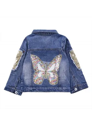 3-10Years Little Big Girls Spring Autumn Embroidered Paillette Sequins Butterfly Denim Jacket Kid's Top (Butterfly,9-10Years) 