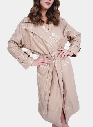 Nude Shiny Vinyl Long Length Overcoat With Belt 