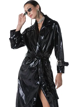 Black Shiny Vinyl Long Length Overcoat With Belt 