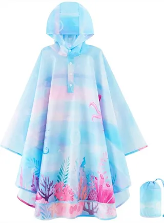 Lightweight Kids Rain Poncho Waterproof Kids Poncho Reusable Hooded Rain Jacket for Boys Girls 