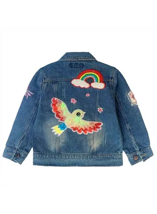 3-11Years Little Big Girls Embroider Rainbow Birds and Flowers Denim Jacket(7-8Years) 