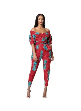 Casual Off Shoulder Long Trousers Jumpsuit Red 