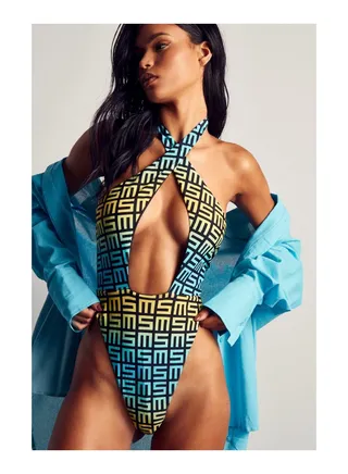 Ms Monogram Printed Cross Plunge Swimsuit 