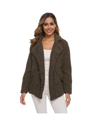 Double-Breasted Loose Lamb Fur Coat Brown 