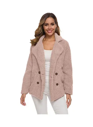 Double-Breasted Loose Lamb Fur Coat Pink 