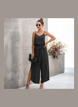Solid Spaghetti Strap Jumpsuit Black 