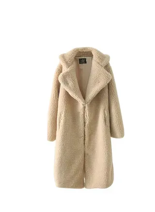 Autumn Winter New Lapel Waist Contracted Long Imitation Lamb Wool Coat 