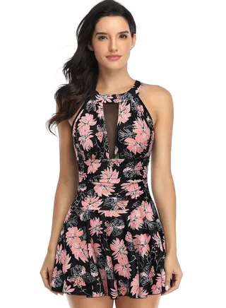 Women Sleeveless One Piece Swimsuit Modest Burkini Fashion Full-Printing Swimwear Dress Style Slimming Bathing Suits Short 