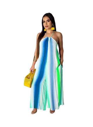 Halter Neck Wide Leg Jumpsuit Blue/White/Green 