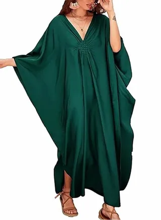 Women Bathing Suit Cover Up Beach Maxi Dresses Loose Oversized Smock Gown Holiday Sun Protection Dark Green 