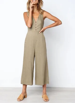 Sleeveless V Neck Jumpsuit Brown 