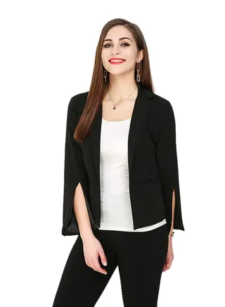 Plus Size Solid Color Split Pocket Blazer Black 