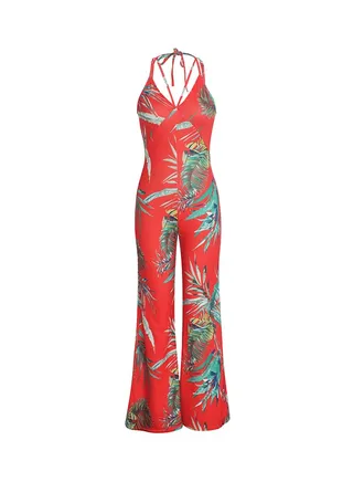 Fashion Printed Halter Straps V-Neck Jumpsuit Red 