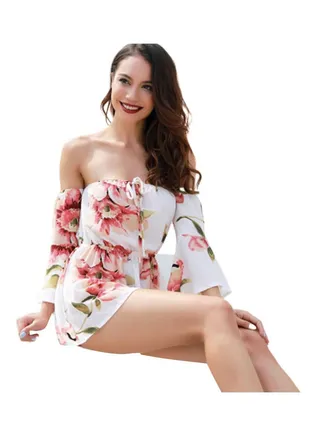Summer Floral Off Shoulder 3/4 Flared Sleeves Romper Jumpsuit White 