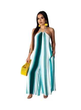 Halter Neck Wide Leg Jumpsuit Blue/White 
