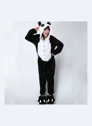 Cartoon Animal Shape Long Sleeve Flannel Jumpsuit Panda 