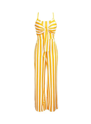 Striped Bandeau Straps Wide Leg Jumpsuit Yellow 