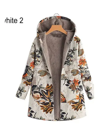 Floral Printed Warm Hooded Pocket Zipper Overcoat White 
