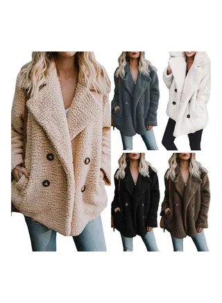 Fashion Button Pocket Women's Lapel Long Sleeve Autumn Winter Soft Warm Coat Dark Gray 