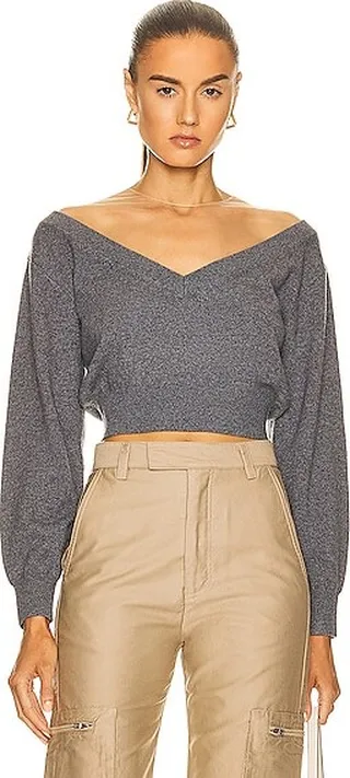 Alexander Wang Cropped V Neck Illusion Sweater in Grey