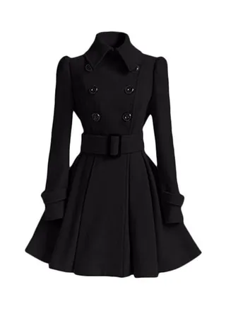 Double Buckle Stylish Casual Coat Black 