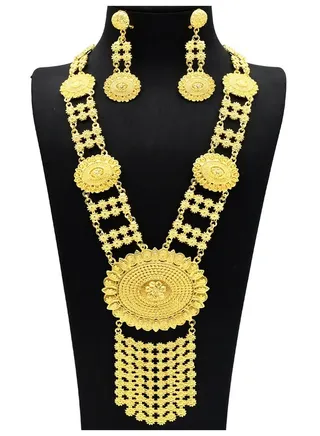 Gold Color Jewelry Set For Woman Bridal Long Chain Necklace Earrings  Jewellery Set 