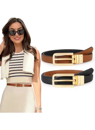 Women Reversible Leather Belt With Rotating Pin Buckle For Jeans Pants Dresses 