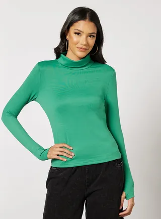 Women's Casual Turtleneck Long Sleeve Solid Top Green 