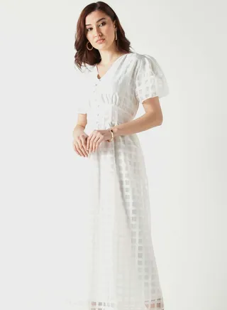 Mesh Puff Sleeve Button Detail Dress 