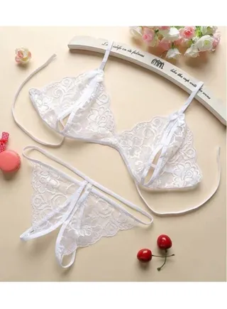 3 Pcs Lace Lingerie Set for Women Three Point See Through Mash Yarn Underwear Set Sleeping Robe Push up Bra and Thong Sets Charming Babydoll Nightgown 