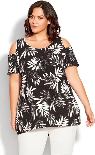 AVENUE | Women's Plus Size Claire Cold Shoulder Print Tunic - black palm - 20W