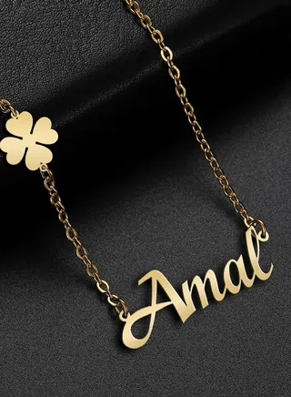 Women's necklace, clover flower pendant, chain with English name pendant, 925 silver, gold plated, Amal name 
