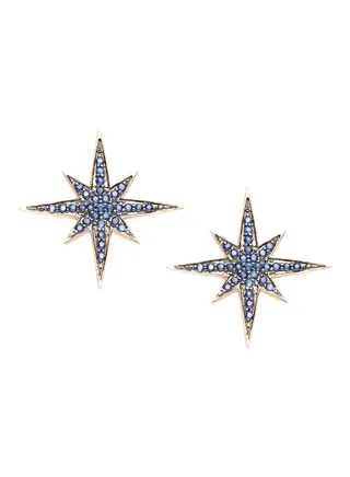 14K Rose Gold Black Rhodium and Blue Sapphire Starbust Earrings for Women One Size 