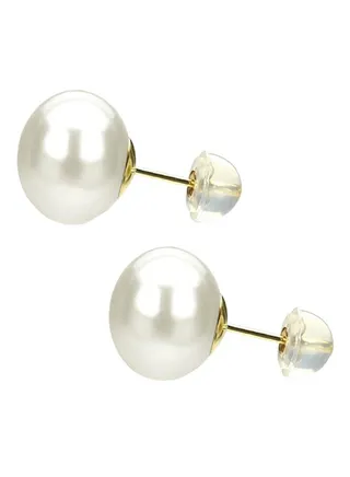 10K Solid Gold 9-9.5mm Large White AAA Freshwater Pearl Stud Earrings 