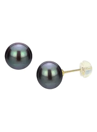 18K Solid Gold 10-10.5mm Huge Black AAA Freshwater Pearl Stud Earrings 