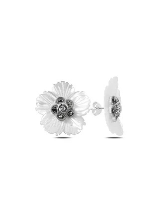 925 Silver-Natural Mother of Pearl & Marcasite Flower Stud Earrings-High-Quality Jewelry in UAE Dubai 100% Precious Metal Gift for Women-EMNON138EA-E88840 