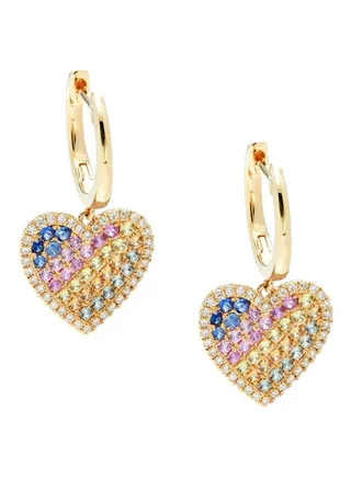 14K Yellow Gold Sapphire and Diamond Heart Huggie Earrings for Women One Size 