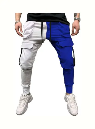Color Block Lace-Up Sports Pants White/Blue 