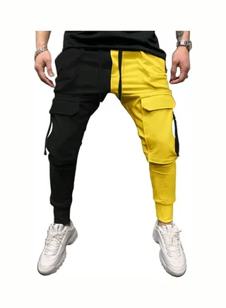 Color Block Lace-Up Sports Pants Black/Yellow 
