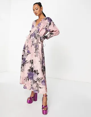 ASOS EDITION v neck oversized midi dress with drawstring in dusky pink print