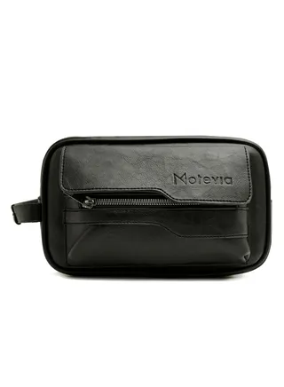 Motevia Men's Handbag Leather Handbag Large Size Wrist Handle Bag with Three Pockets
 ( Black ) 