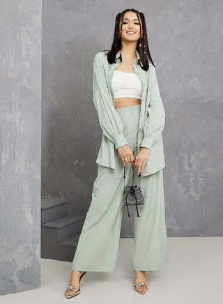 Solid Longline Shirt & Wide Leg Pants Co-Ord Set 