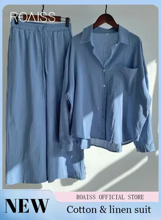 Ladies 2 Piece Set New Trend Fashion Cotton Linen Shirt Suit Loose Pants Summer Spring Clothes for Women Breathable and Cool Long-Sleeve Lapel Shirt 