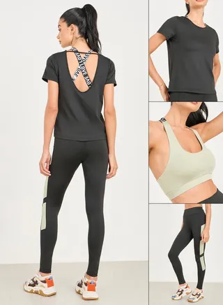 Pack of 3 - Slogan Strap Detail Sports Bra, Top and Side Panel Legging Set