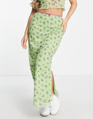 ASOS DESIGN mesh midi skirt in green floral - part of a set